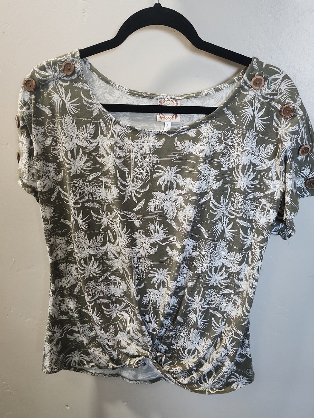 Olive Green Palm-Print Knot Front Short Sleeve Top